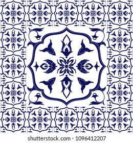 Portuguese tile pattern vector ornaments. Floral big texture element in center with frame. Portugal azulejo, mexican talavera, spanish, italian majolica, chinese porcelain or delft dutch ceramic.