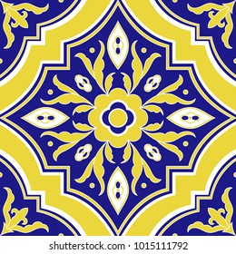 Portuguese tile pattern vector seamless with flower ornaments. Portugal azulejo, mexican talavera, spanish or italian majolica motif. Tiled texture for ceramic kitchen wall or bathroom mosaic floor.