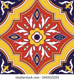Portuguese tile pattern vector seamless with flower ornaments. Portugal azulejo, mexican talavera, italian majolica, spanish motif. Tiled texture element for kitchen mosaic or bathroom floor ceramic.