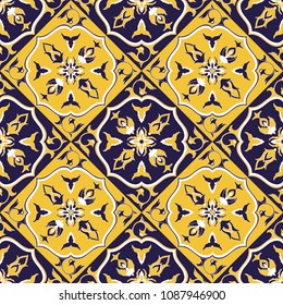 Portuguese tile pattern vector seamless with ceramic ornament. Portugal azulejo, mexican talavera, spanish, italian sicily majolica. Tiled background for kitchen mosaic wall or bathroom floor.