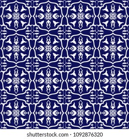 Portuguese tile pattern vector seamless with flower ornaments. Lisbon azulejo, mexican talavera, italian majolica, spanish, delft dutch ceramic. Background for kitchen mosaic floor or bathroom wall.