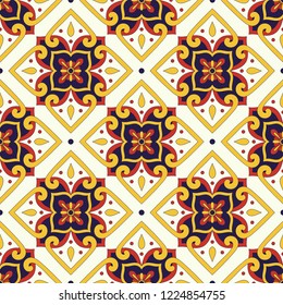 Portuguese tile pattern vector seamless with vintage ornaments. Portugal azulejos, mexican talavera, italian sicily, majolica, spanish ceramic. Design for wallpaper, kitchen wall or bathroom floor.