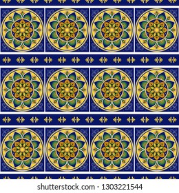 Portuguese tile pattern vector seamless with border ornament. Portugal azulejos, mexican talavera, italian sicily majolica or spanish ceramic. Mosaic background for kitchen wall or bathroom floor.