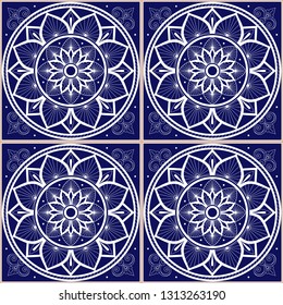 Portuguese tile pattern vector seamless with square ornament. Portugal azulejos, mexican talavera, spanish, italian sicily majolica or delft dutch ceramic. Texture for kitchen wall or bathroom floor.
