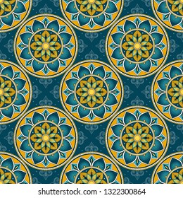 Portuguese tile pattern vector seamless with green ornament. Portugal azulejos, mexican talavera, spanish, italian venetian, sicily majolica, moroccan ceramic. Texture for wallpaper or kitchen floor.