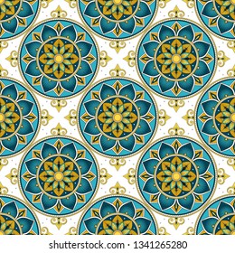 Portuguese tile pattern vector seamless with floral ornament. Portugal azulejos, mexican talavera, spanish, italian venetian, sicily majolica, arabic ceramic. Texture for wallpaper or kitchen floor.