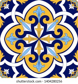 Portuguese tile pattern vector seamless element with vintage ornament. Portugal azulejos, mexican talavera, italian majolica or spanish ceramic. Texture for kitchen wall mosaic or bathroom floor.