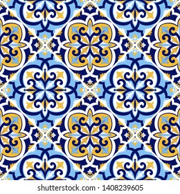 Portuguese Tile Pattern Vector Seamless With Mosaic Motifs. Sicily Italian Majolica, Portugal Azulejos, Mexican Talavera, Venetian And Spanish Ceramic. Background For Kitchen Wall Or Bathroom Floor.