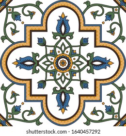 Portuguese tile pattern vector seamless with floral ornament. Portugal azulejo, mexican talavera, italian majolica, arabesque motif or spanish ceramic. Mosaic texture for kitchen or bathroom floor.