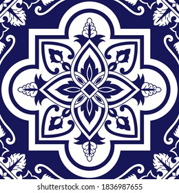 Portuguese tile pattern vector seamless with ceramic floral ornament. Azulejo, mexican talavera, delft dutch, italian sicily or spanish majolica. Porcelain texture for kitchen wall or bathroom floor.