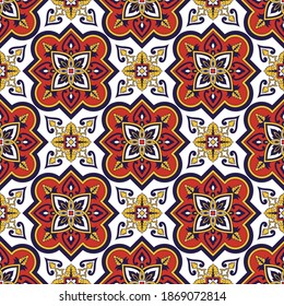 Portuguese tile pattern vector seamless with vintage ornaments. Azulejos, italian sicily majolica, mexican talavera, spanish ceramic. Texture background for wallpaper, textile, wall or floor.