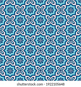 Portuguese tile pattern vector seamless with mosaic arabesque ornaments. Moroccan ceramic, lisbon azulejo, mexican talavera, italian sicily, spanish majolica, turkish, mediterranean texture design.