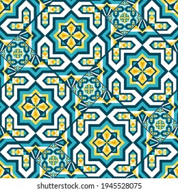 Portuguese tile pattern vector seamless parquet with mosaic arabesque ornament. Moroccan ceramic, spanish azulejos, mexican talavera, italian sicily majolica, arabian, mediterranean texture design.