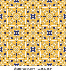 Portuguese tile pattern vector with yellow ornaments. Portugal azulejos, mexican talavera, spanish or italian sicily majolica. Ceramic texture for kitchen mosaic wall or bathroom flooring background.