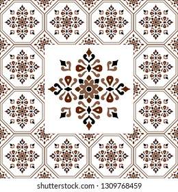 Portuguese tile pattern, vintage floral ornament, Mosaic tiled texture element in center frame. Azulejo, mexican talavera, spanish ceramic, italian sicily majolica, moroccan motifs, vector