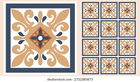Portugiesische Fliesen Nahtloses Muster mit blauen Azulejo-Motiven und geometrischen Blumenornamenten, perfekt für Stoffdrucke, luxuriöse Tapeten, Küchendekor und mediterrane Verpackungen.
