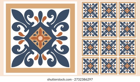 Portugiesische Fliesen Nahtloses Muster mit blauen Azulejo-Motiven und geometrischen Blumenornamenten, perfekt für Stoffdrucke, luxuriöse Tapeten, Küchendekor und mediterrane Verpackungen.