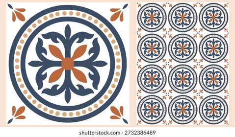 Patrón sin costuras de azulejo portugués con motivos azulejos azules y adornos florales geométricos, perfecto para estampados de tela, Fondo de pantalla de lujo, decoración de cocina y empaques de estilo mediterráneo.