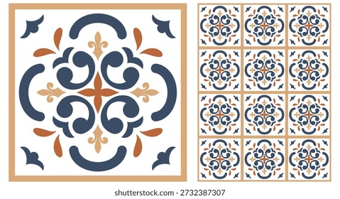 Portugiesische Fliesen Nahtloses Muster mit blauen Azulejo-Motiven und geometrischen Blumenornamenten, perfekt für Stoffdrucke, luxuriöse Tapeten, Küchendekor und mediterrane Verpackungen.