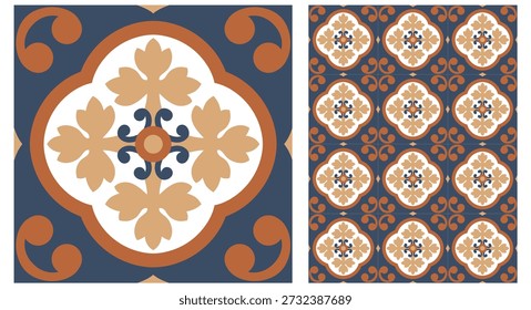 Portugiesische Fliesen Nahtloses Muster mit blauen Azulejo-Motiven und geometrischen Blumenornamenten, perfekt für Stoffdrucke, luxuriöse Tapeten, Küchendekor und mediterrane Verpackungen.