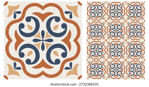 Portugiesische Fliesen Nahtloses Muster mit blauen Azulejo-Motiven und geometrischen Blumenornamenten, perfekt für Stoffdrucke, luxuriöse Tapeten, Küchendekor und mediterrane Verpackungen.