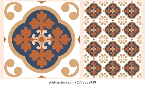 Portugiesische Fliesen Nahtloses Muster mit blauen Azulejo-Motiven und geometrischen Blumenornamenten, perfekt für Stoffdrucke, luxuriöse Tapeten, Küchendekor und mediterrane Verpackungen.