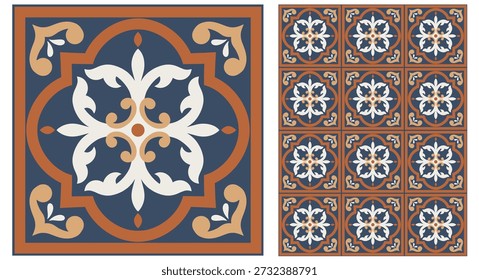 Portugiesische Fliesen Nahtloses Muster mit blauen Azulejo-Motiven und geometrischen Blumenornamenten, perfekt für Stoffdrucke, luxuriöse Tapeten, Küchendekor und mediterrane Verpackungen.