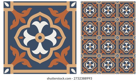 Portuguese Tile Seamless Pattern with blue azulejo motifs and geometric floral ornaments, perfect for fabric prints, luxury wallpaper, kitchen decor, and Mediterranean-style packaging.