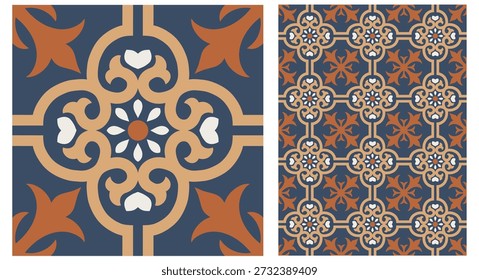 Patrón sin costuras de azulejo portugués con motivos azulejos azules y adornos florales geométricos, perfecto para estampados de tela, Fondo de pantalla de lujo, decoración de cocina y empaques de estilo mediterráneo.