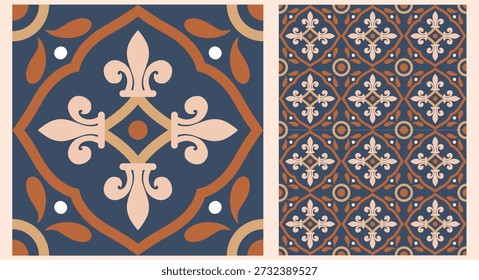 Portugiesische Fliesen Nahtloses Muster mit blauen Azulejo-Motiven und geometrischen Blumenornamenten, perfekt für Stoffdrucke, luxuriöse Tapeten, Küchendekor und mediterrane Verpackungen.