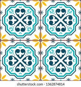 Portuguese tiles Azulejos vector seamless pattern, geometric repetitve design  - textile or wallpaper. 
Traditional ornament with abstract shapes inspired by tile art from Portugal in tuquoise and yel