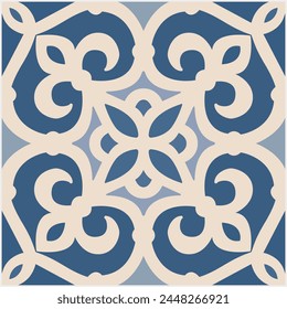 Portuguese tiles. Tiles in beige and blue. Ceramic Tiles. Hydraulic Portuguese ceramic design. EPS Illustration. 