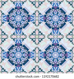 Portuguese tiles in blue, gray and purple colors. Quatrefoil vector pattern. Tangled modern seamless pattern based on traditional patterns.