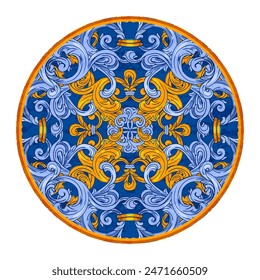 Portuguese tiles blue watercolor pattern. Traditional tribal ornament. Round plate. Capri Maiolica