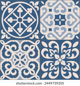 Portuguese tiles. Four types of tiles in shades of blue and white. Ceramic tiles. Portuguese hydraulic ceramic project. EPS illustration.