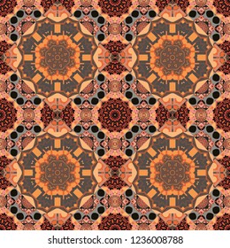 Portuguese tiles in gray, black and orange colors. Tangled modern seamless pattern based on traditional patterns. Quatrefoil vector pattern.