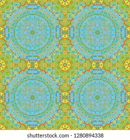 Portuguese tiles in orange, green and blue colors. Quatrefoil vector pattern. Tangled modern seamless pattern based on traditional patterns.