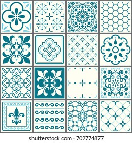 Portuguese tiles pattern, Lisbon seamless turquoise tiles, Azulejos vintage geometric ceramic design