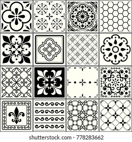 Portuguese tiles pattern, Lisbon seamless black and white tiles, Azulejos vintage geometric ceramic design.