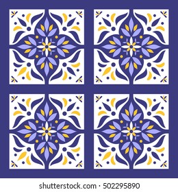 Portuguese tiles pattern vector with blue, yellow and white ornaments. Portugal azulejo, mexican, spanish or moroccan motifs. Background for wallpaper, surface texture, wrapping or fabric.