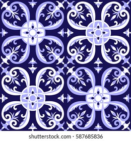 Portuguese tiles pattern vector with blue and white ornaments. Portugal azulejo, mexican talavera, delft dutch, italian or spanish motifs. Tiled floor background for ceramic or fabric design.
