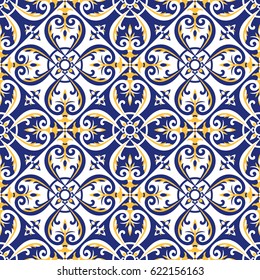 Portuguese tiles pattern vector with blue, yellow and white ornaments. Azulejos, mexican talavera, italian majolica or spanish motifs. Flooring print for ceramic porcelain wall or fabric design.