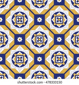 Portuguese tiles pattern vector with diagonal blue, yellow and white ornaments. Portugal azulejo, mexican, spanish or moroccan motifs. Background for wallpaper, surface texture, wrapping or fabric.