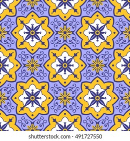 Portuguese tiles pattern vector with diagonal blue, yellow and white ornaments. Portugal azulejo, mexican, spanish or moroccan motifs. Background for wallpaper, surface texture, wrapping or fabric.