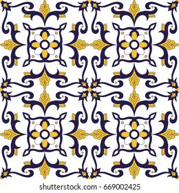 Portuguese tiles pattern vector with floral ornaments. Portugal azulejo, mexican talavera, spanish or italian majolica motif. Background for ceramic porcelain, wallpaper, bedlinen or pillow fabric.