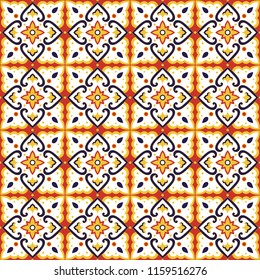 Portuguese tiles pattern vector seamless with blue, yellow, red and white ornament. Azulejos, mexican talavera, italian sicily majolica or spanish ceramic motif. Flooring print for wallpaper design.