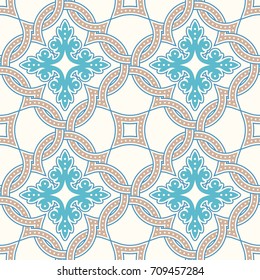 Portuguese tiles, Quatrefoil vector pattern. Tangled modern pattern, based on traditional oriental arabic patterns - arabesque. Seamless vector background. Moroccan, Turkish, Lisbon floor tiles.