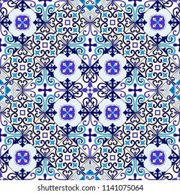 Portuguese tiles seamless pattern vector with blue and white ornaments. Talavera, azulejo, mexican, spanish or arabic motifs