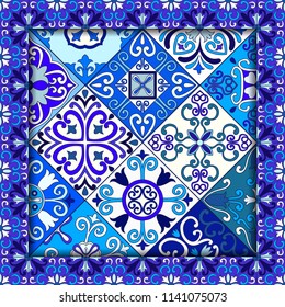 Portuguese tiles seamless pattern vector with blue and white ornaments. Talavera, azulejo, mexican, spanish or arabic motifs