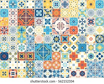 Portuguese tiles. Vector illustration of Azulejo on white background. Mediterranean style. Multicolor design.